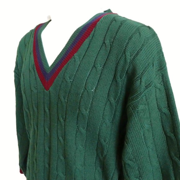 Vintage 80s Scandia Sweater Tennis Varsity V Cable Acrylic USA L - Picture 3 of 6